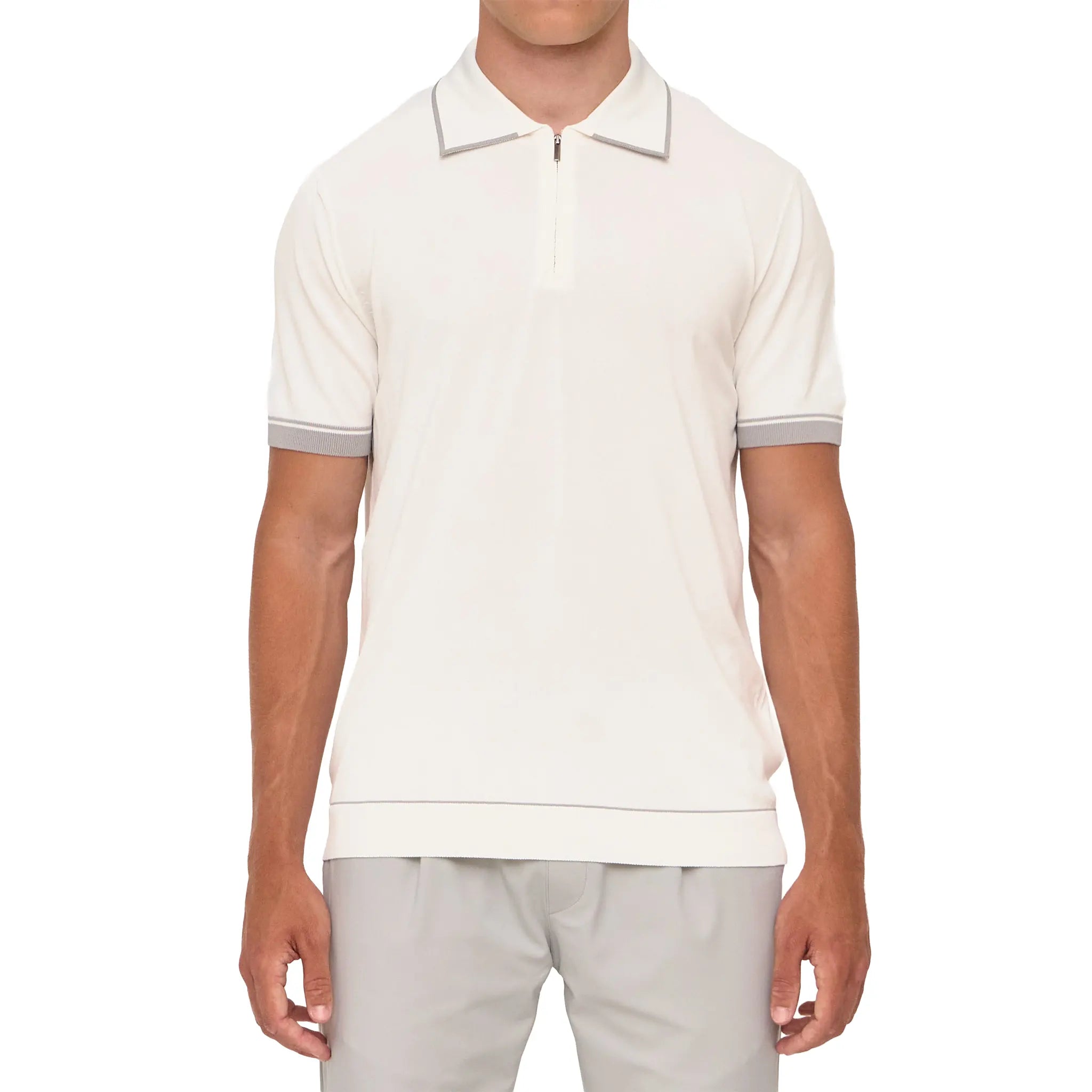 Front Back View of Loiano Rayon Knit White Polo Shirt